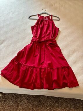 Halter-Neck Red Tie-Waist Ruffled Casual Dress